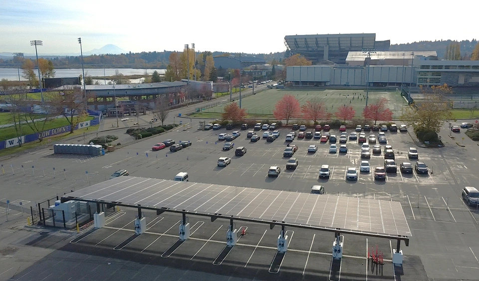 Daytime aerial photo of the empty parking lot near Husky Stadium