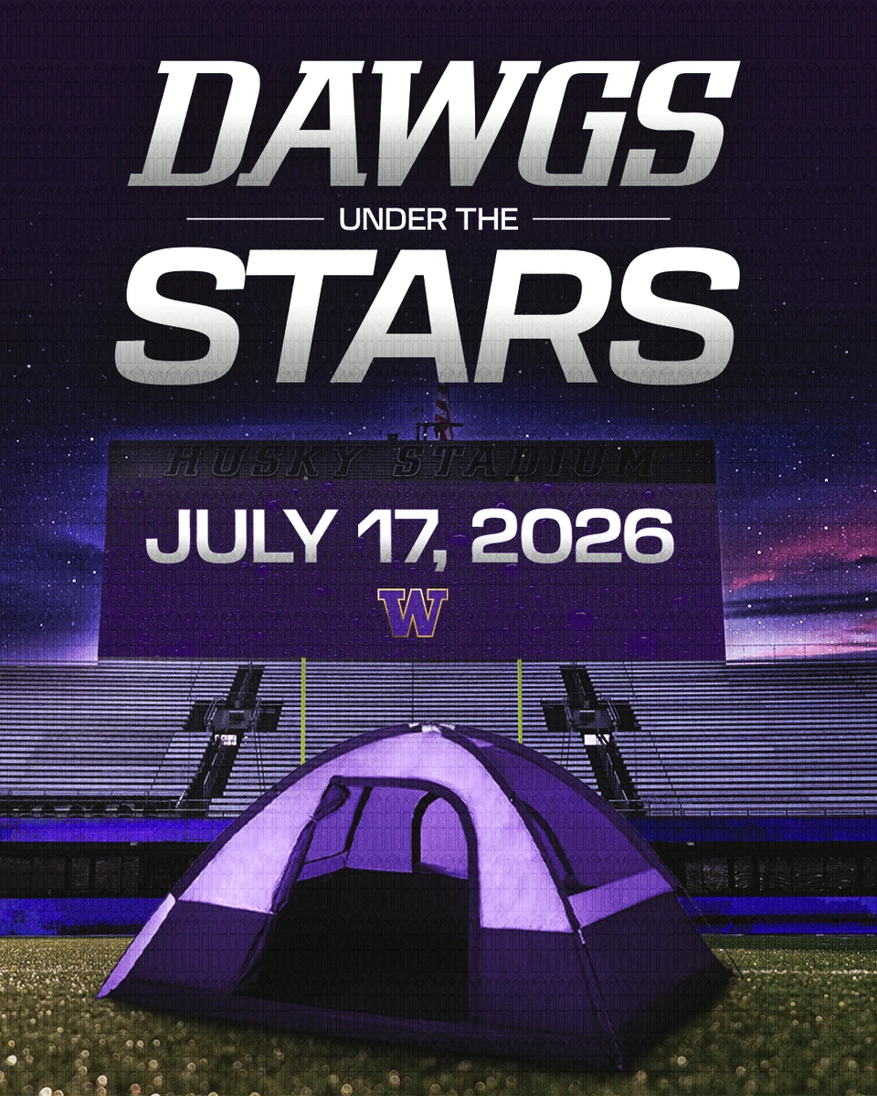 Dawgs Under The Stars graphic with a tent on the Husky Stadium field