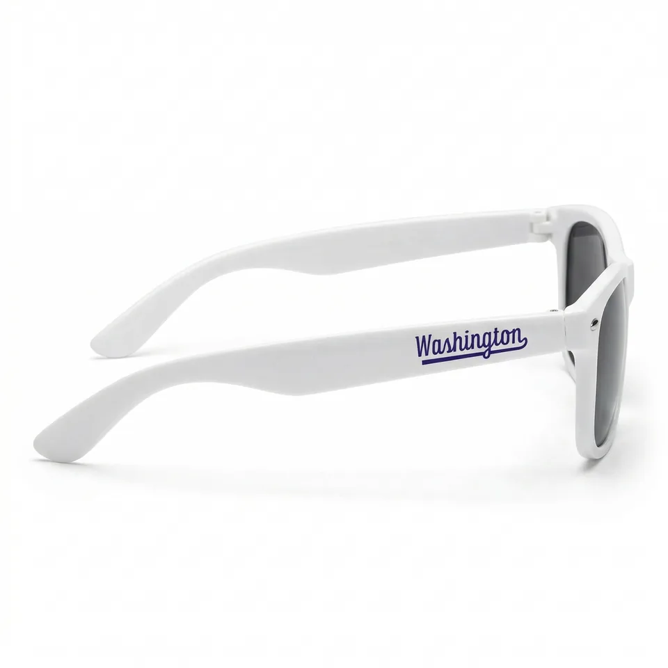 Generated studio photo of white sunglasses with the Washington wordmark