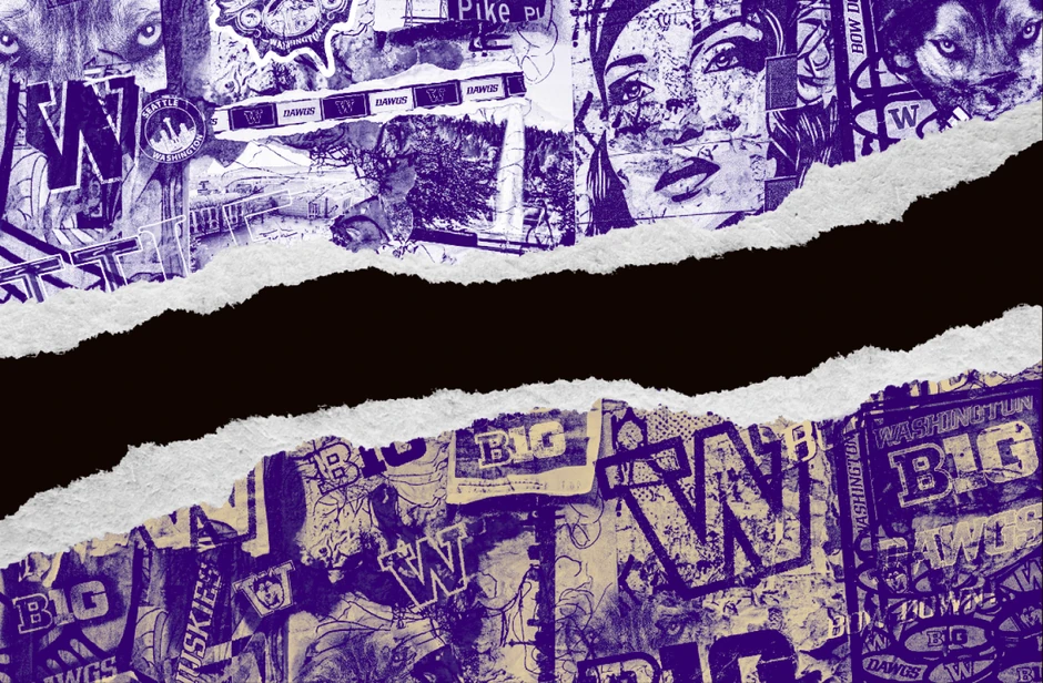Two paper-tear edges cut from the Seattle and Big Ten walls