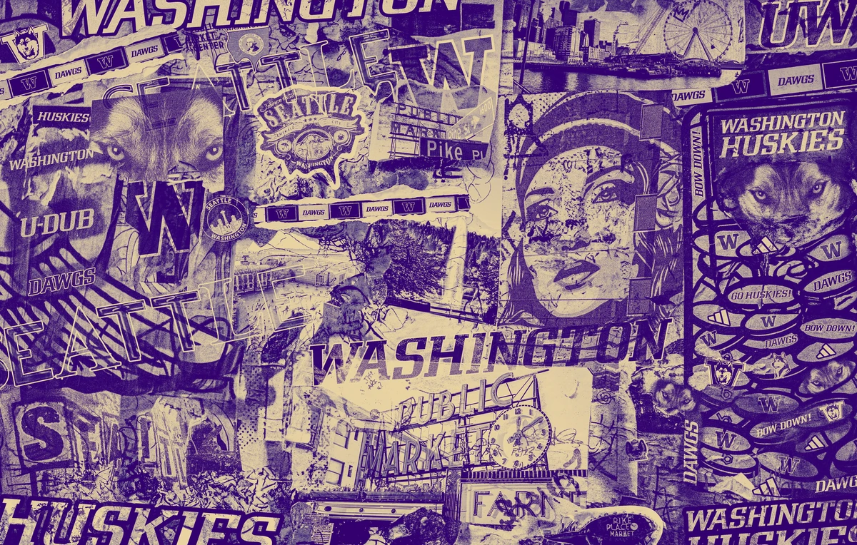 The Seattle collage wall rebuilt in purple and gold with Washington assets