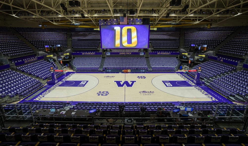 Alaska Airlines Arena with two Forever 10 court decals, video board takeovers and rally towels on every seat