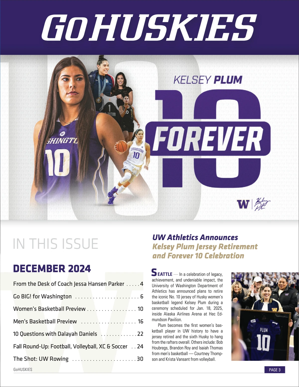 Page 1 of the December 2024 GoHuskies magazine with a Forever 10 spread