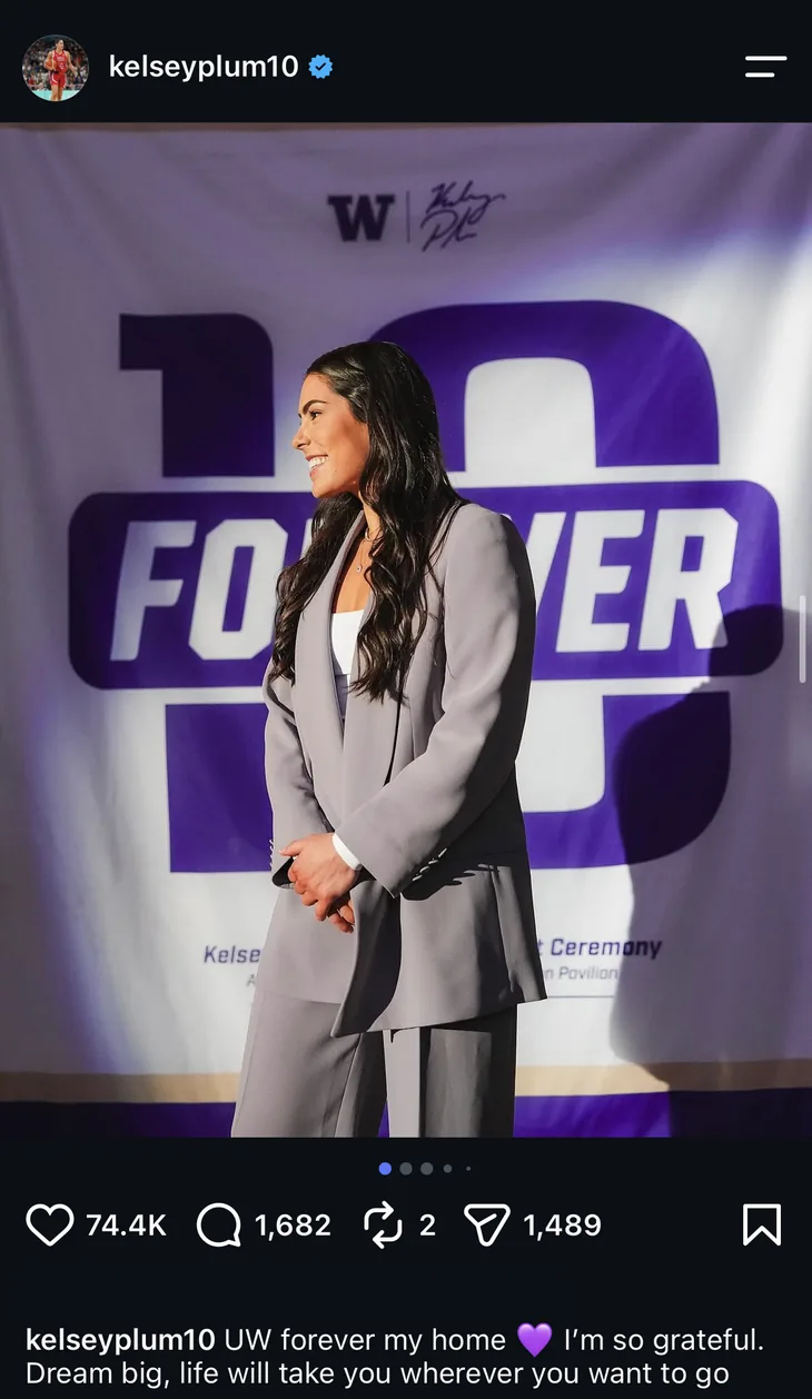 Kelsey Plum's Instagram post from the ceremony in front of the Forever 10 banner, 74.4K likes