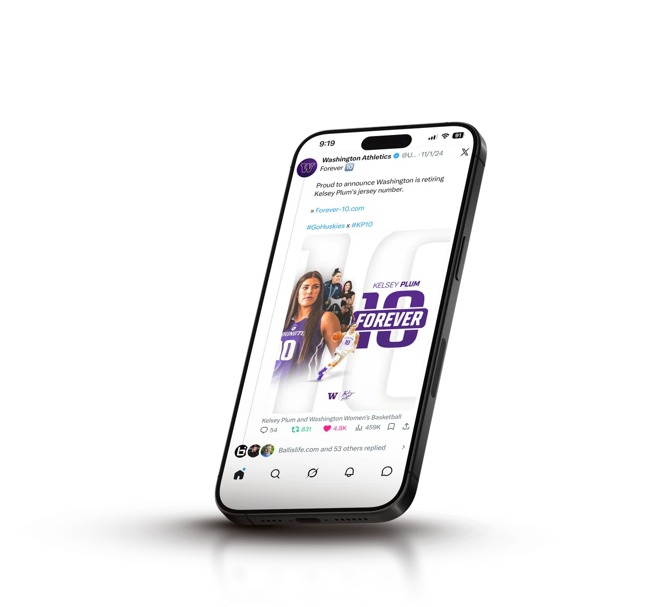 Phone showing the Washington Athletics Forever 10 announcement post