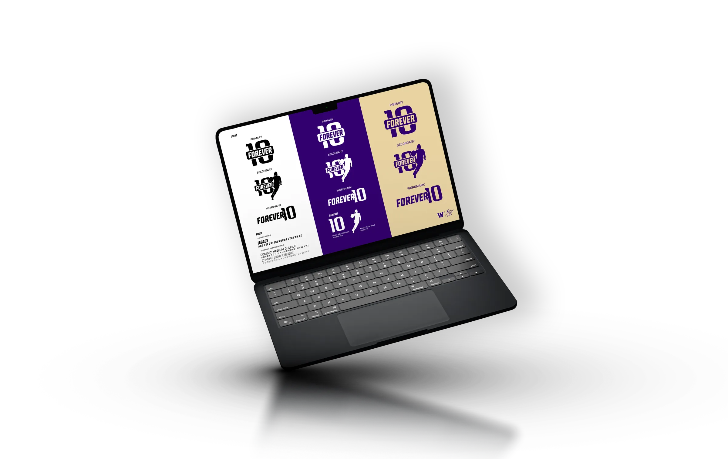 Laptop showing the Forever 10 logo system on white, purple and gold