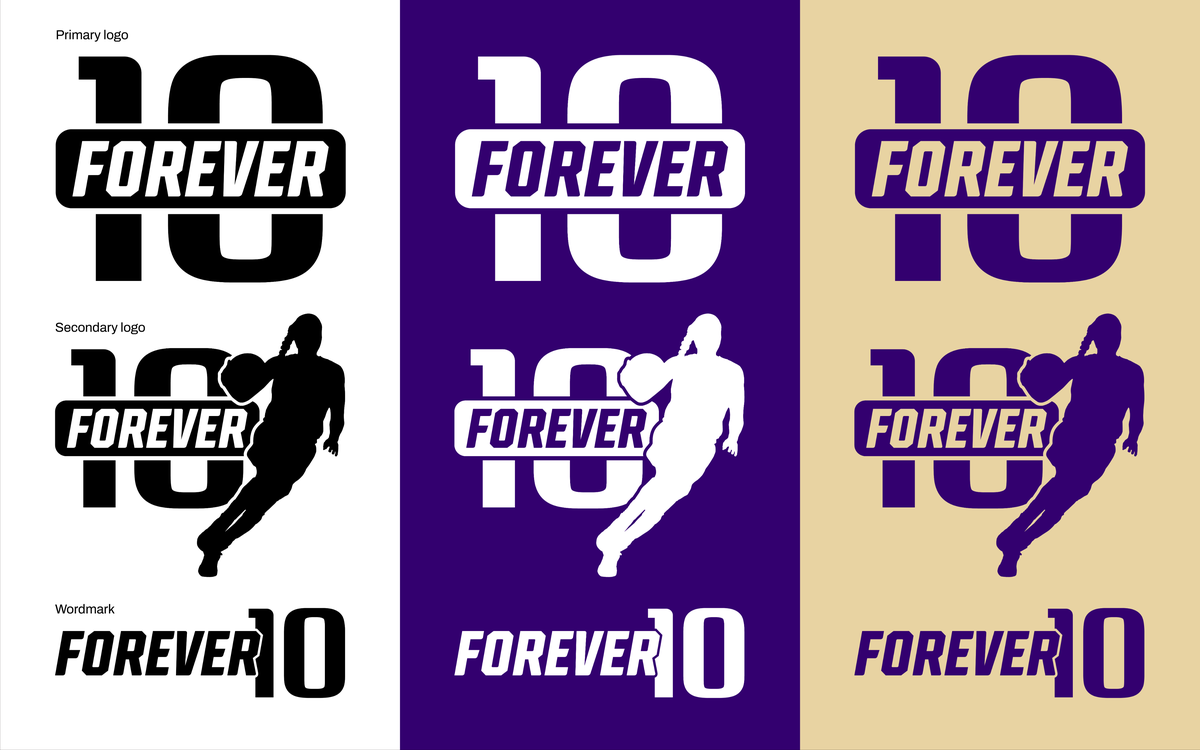 Three colorways on white, purple and gold: the primary logo, the secondary logo with Plum's drive silhouette, and the FOREVER 10 wordmark