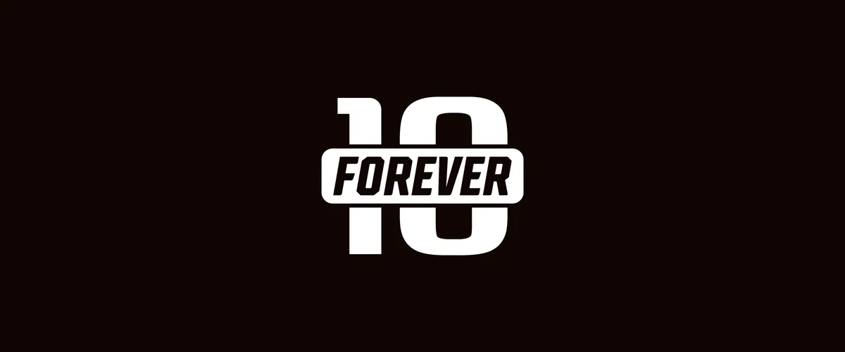 Forever 10 primary logo: a FOREVER bar across a large rounded 10, in white on black