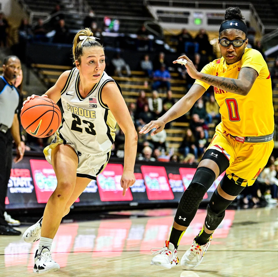 Purdue's Abbey Ellis driving past a Maryland defender