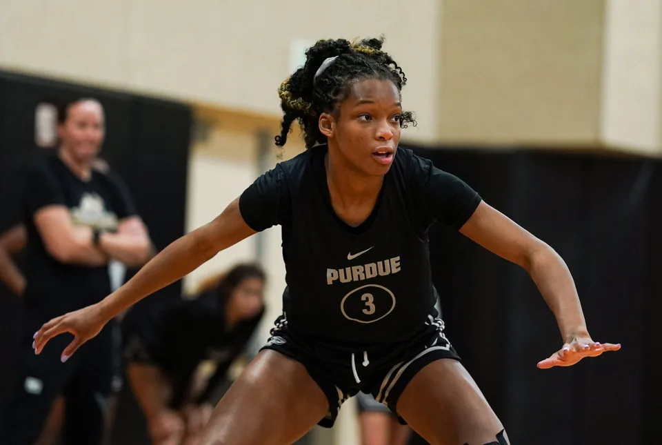 Purdue's Jayla Smith in a defensive stance at practice