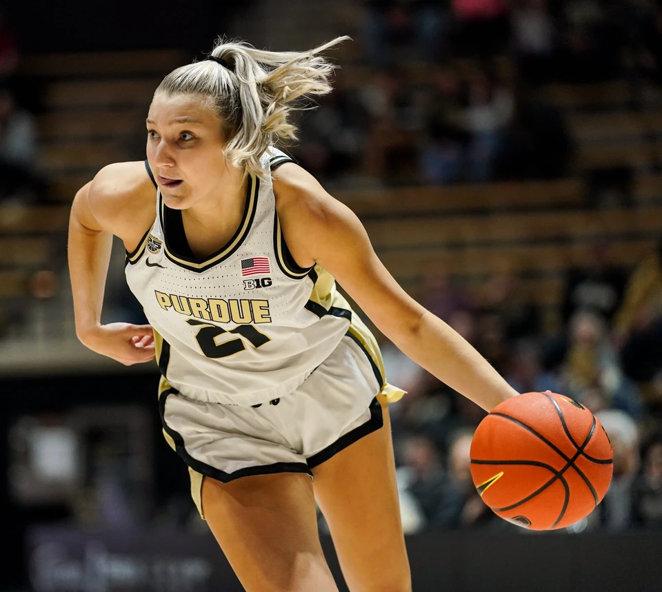 Purdue's Emily Monson driving with the ball