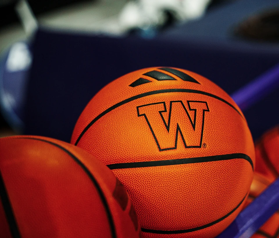 Washington basketballs on a ball rack