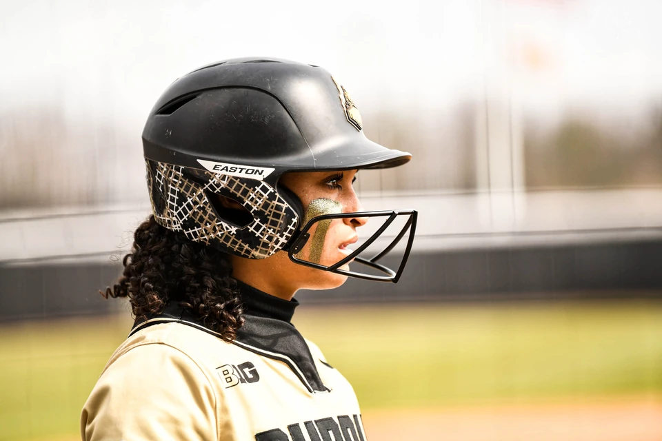 Purdue batter in a helmet, close up