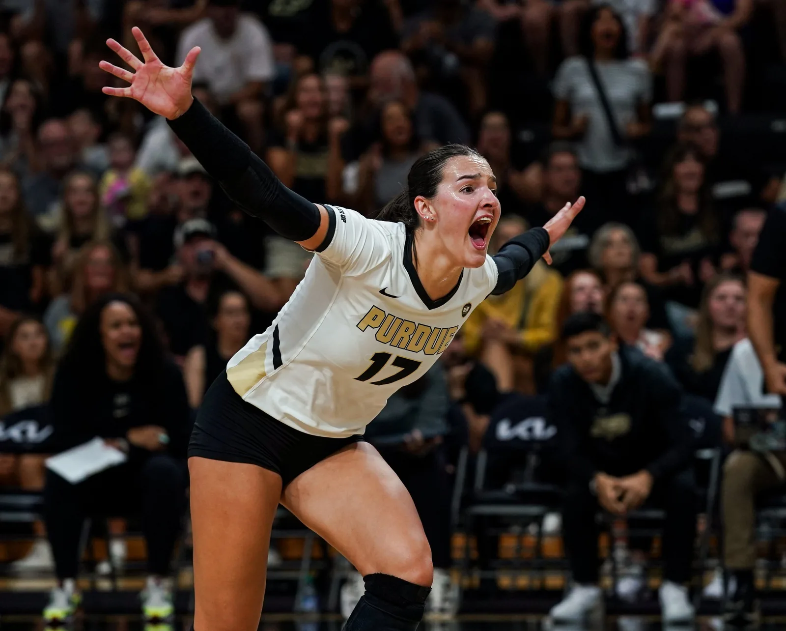 Purdue volleyball player celebrating a point