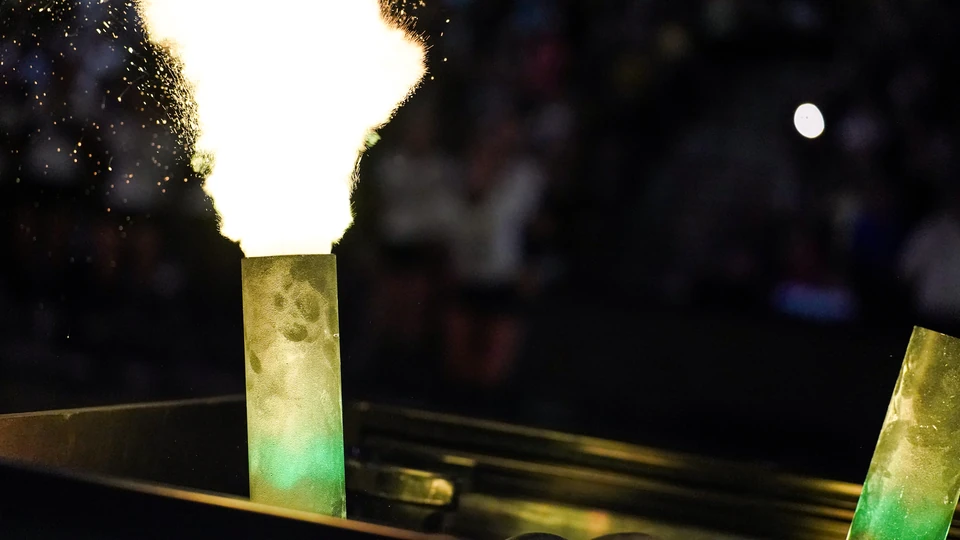 Pyrotechnic flame cannon firing in the arena