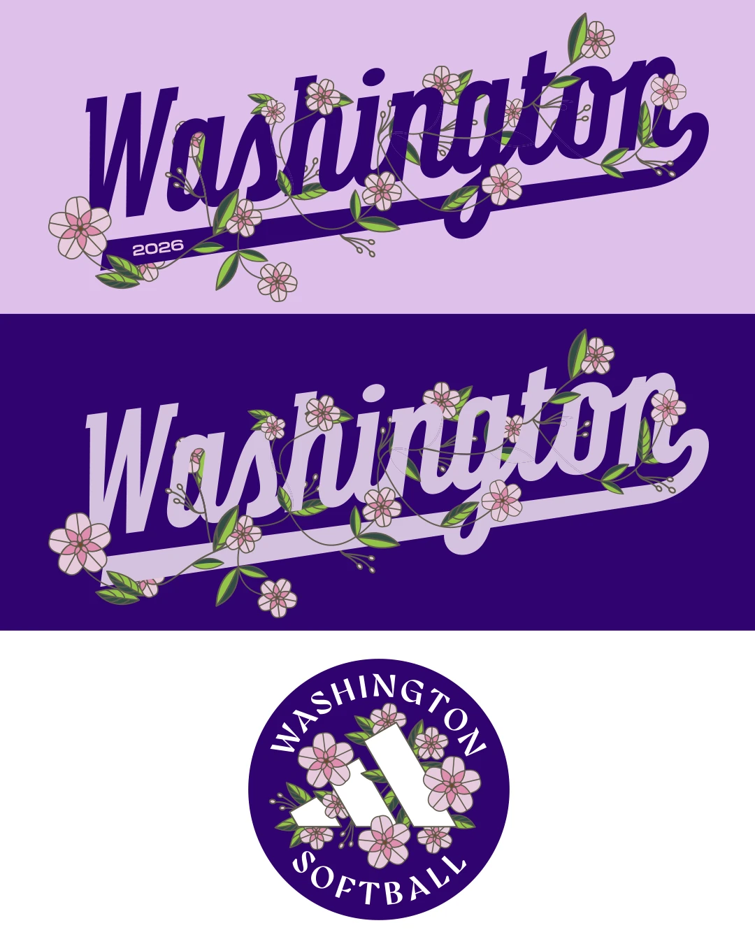 Floral Washington wordmark and cherry blossom softball logo patch