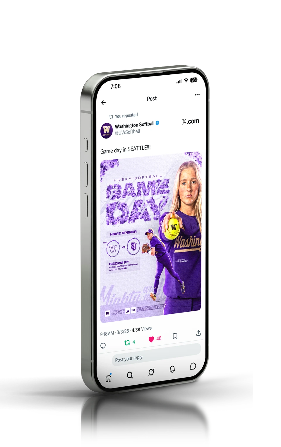 Phone showing the Washington Softball Game Day post on X