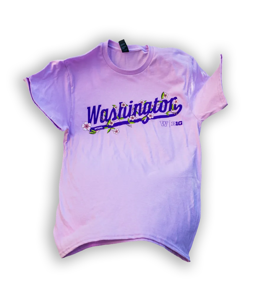 Lavender Washington softball T-shirt with cherry blossom script logo