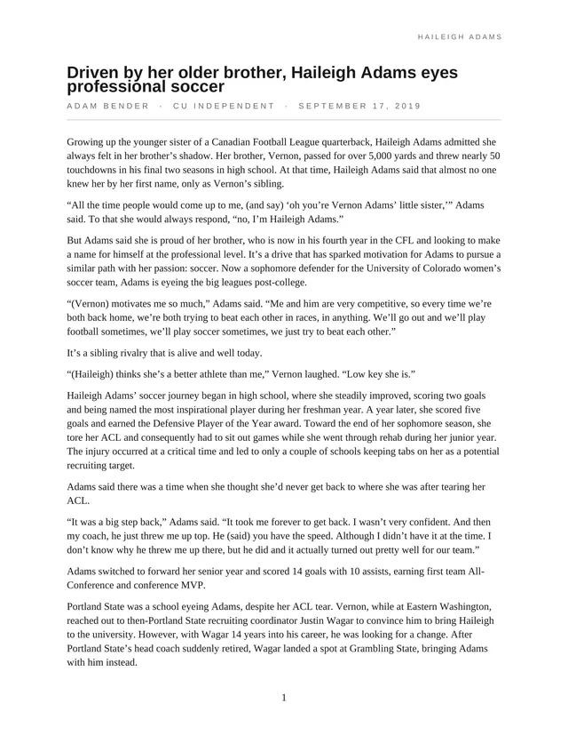 First page of the Haleigh Adams profile